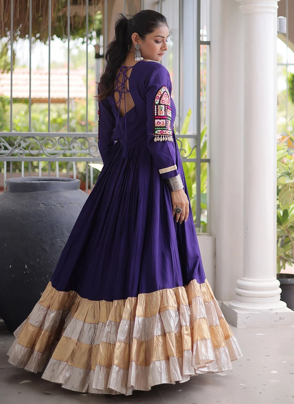 Purple Gujarati Garba gown with Kutchi patch work sleeves and Zari Patta detailing