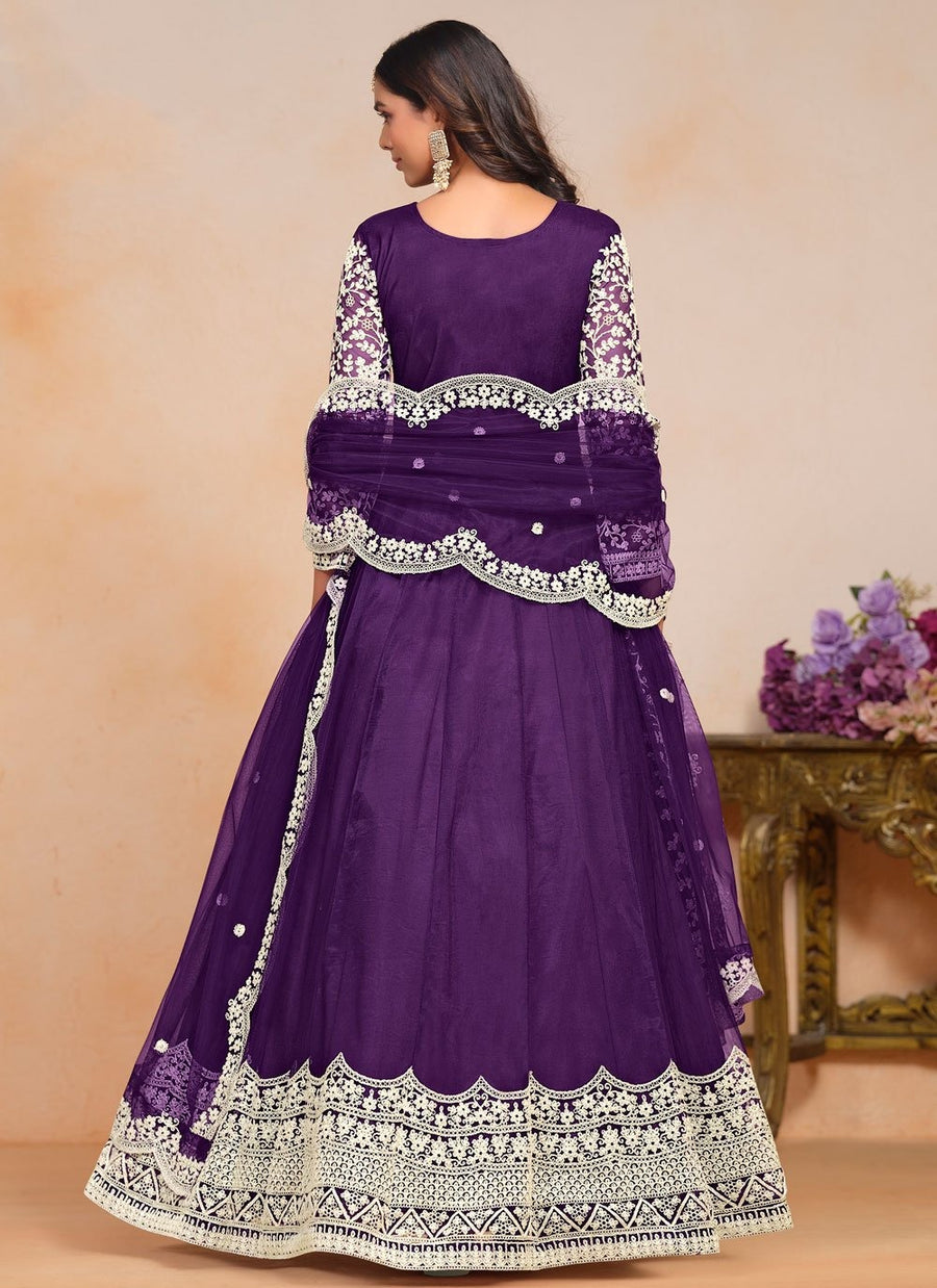 Designer purple floor length Anarkali suit in premium net