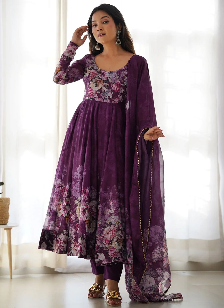 Purple Organza Anarkali Suit Set with Gota Patti Dupatta