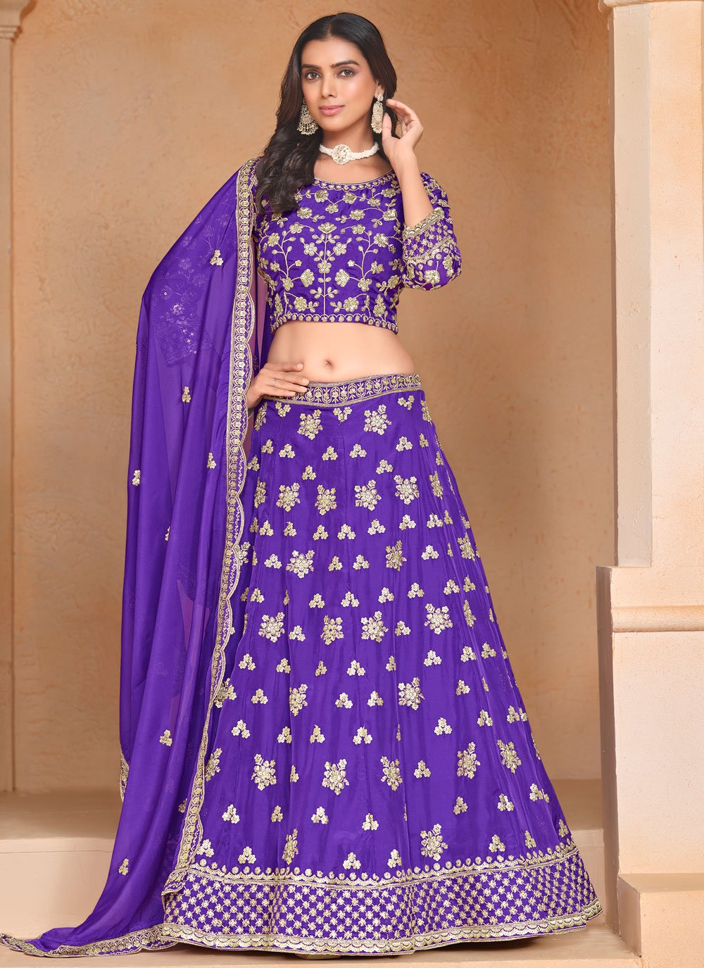 Purple organza cocktail lehenga with embroidery work