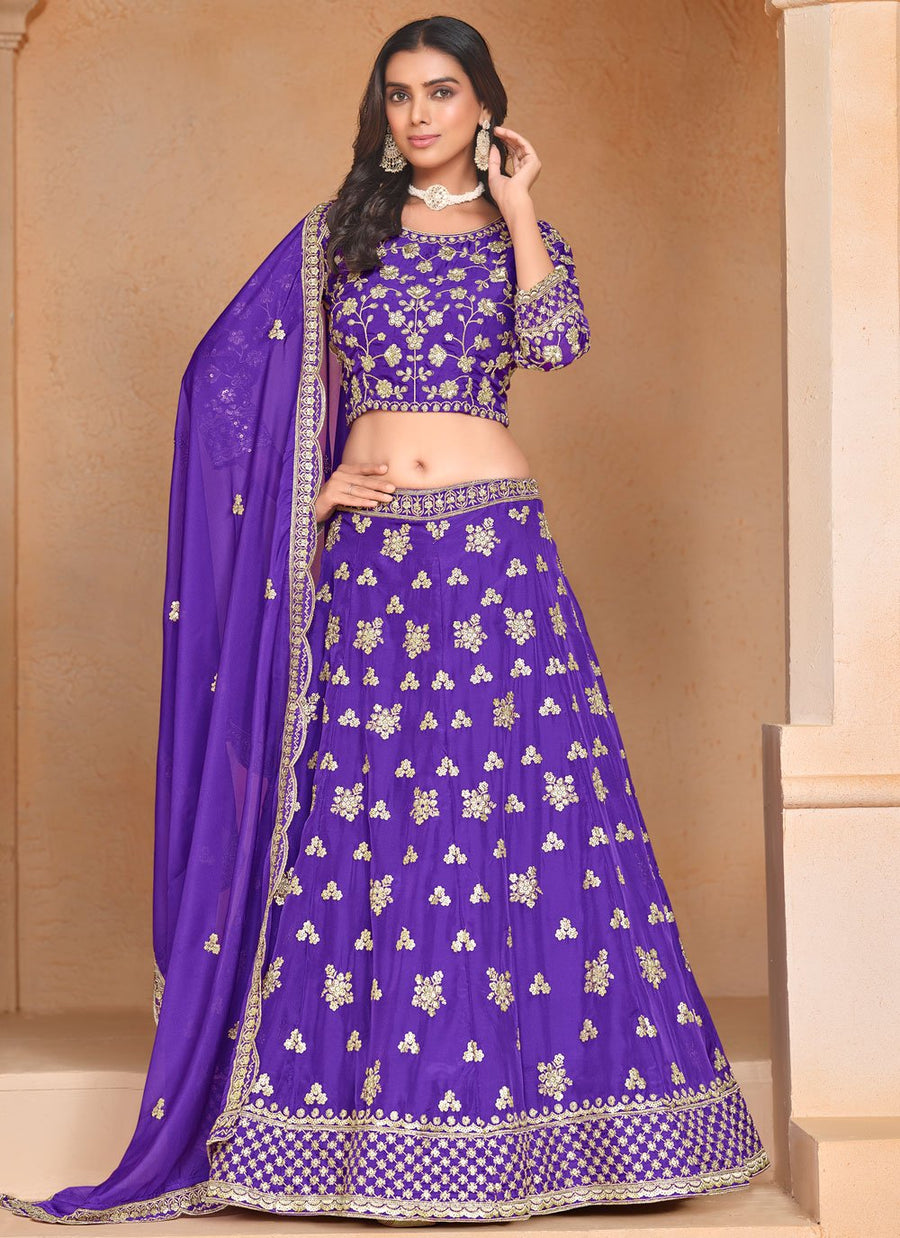Purple organza cocktail lehenga with embroidery work