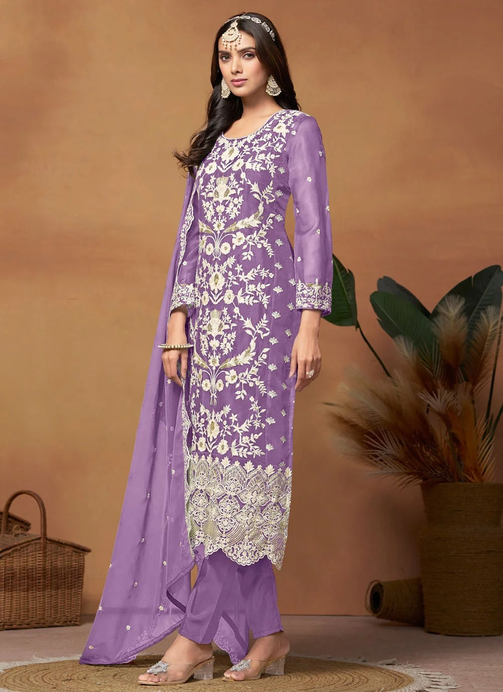 Purple embroidered festive wear suit up to size 50