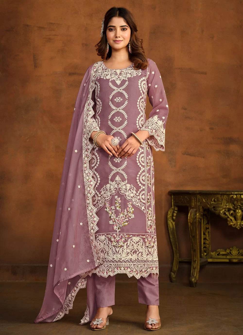 Purple Organza Heavy Embroidered Straight Suit For Women