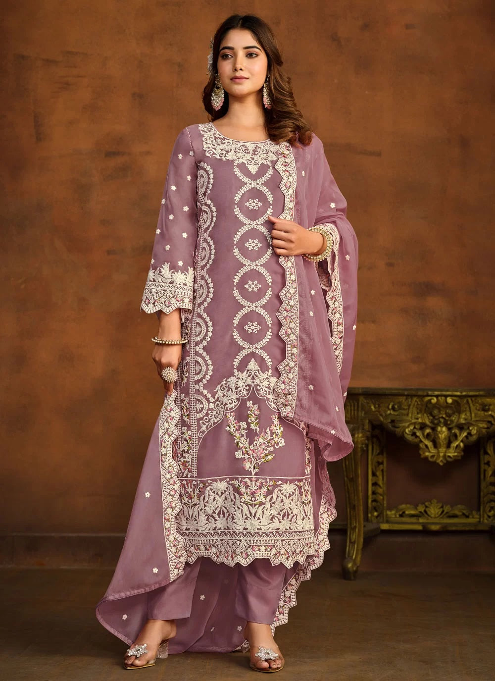 Purple Organza Heavy Embroidered Straight Suit For Women
