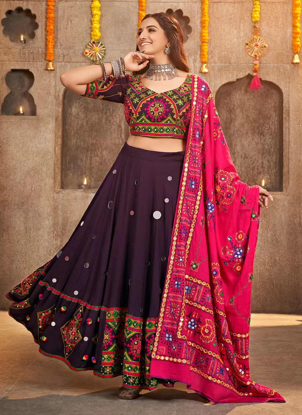 Purple Rayon Mirror and Embroidery Work Navratri traditional dress