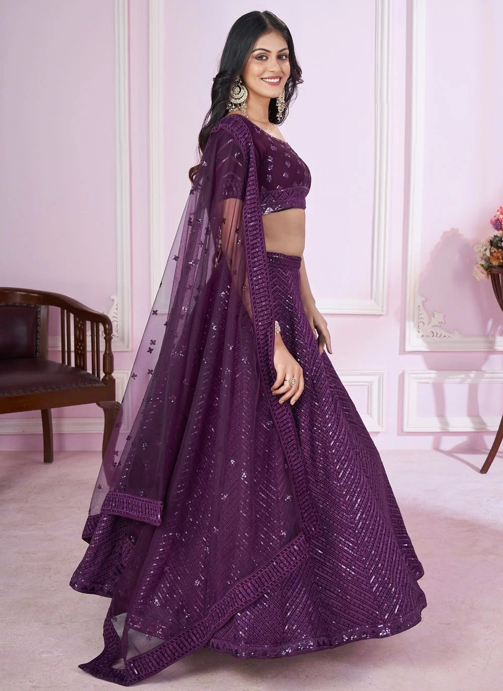 Purple georgette side slit lehenga for cocktail party