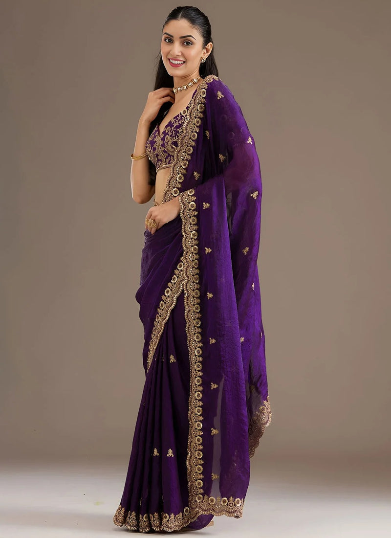Purple Reception Wear Tissue Silk Saree for Women