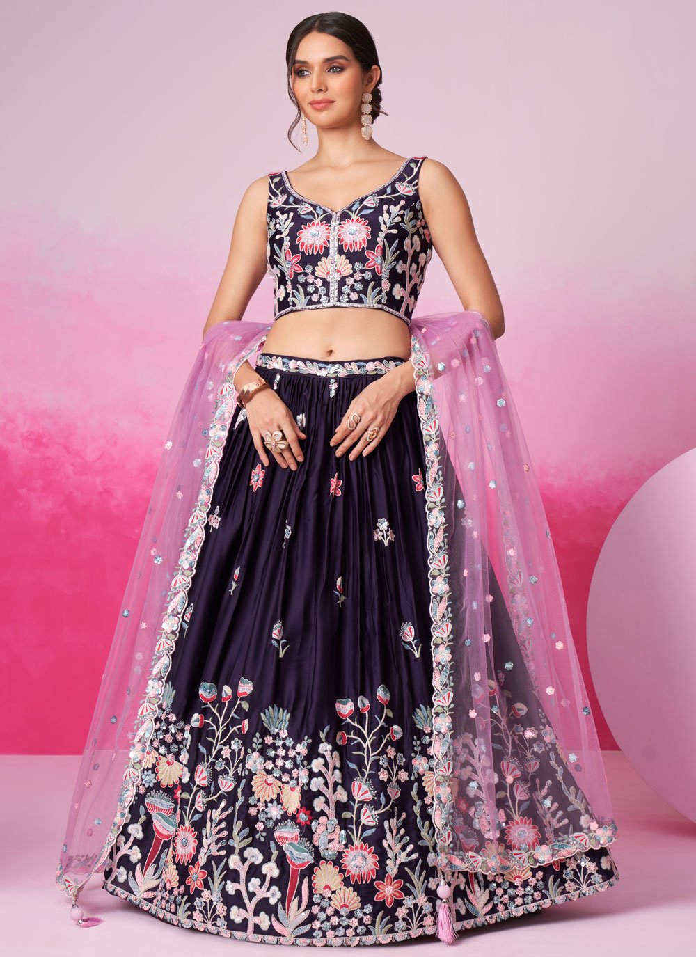 Purple Satin Heavy Embroidered Lehenga with Sequins for Weddings