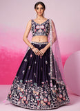 Purple Satin Heavy Embroidered Lehenga with Sequins for Weddings