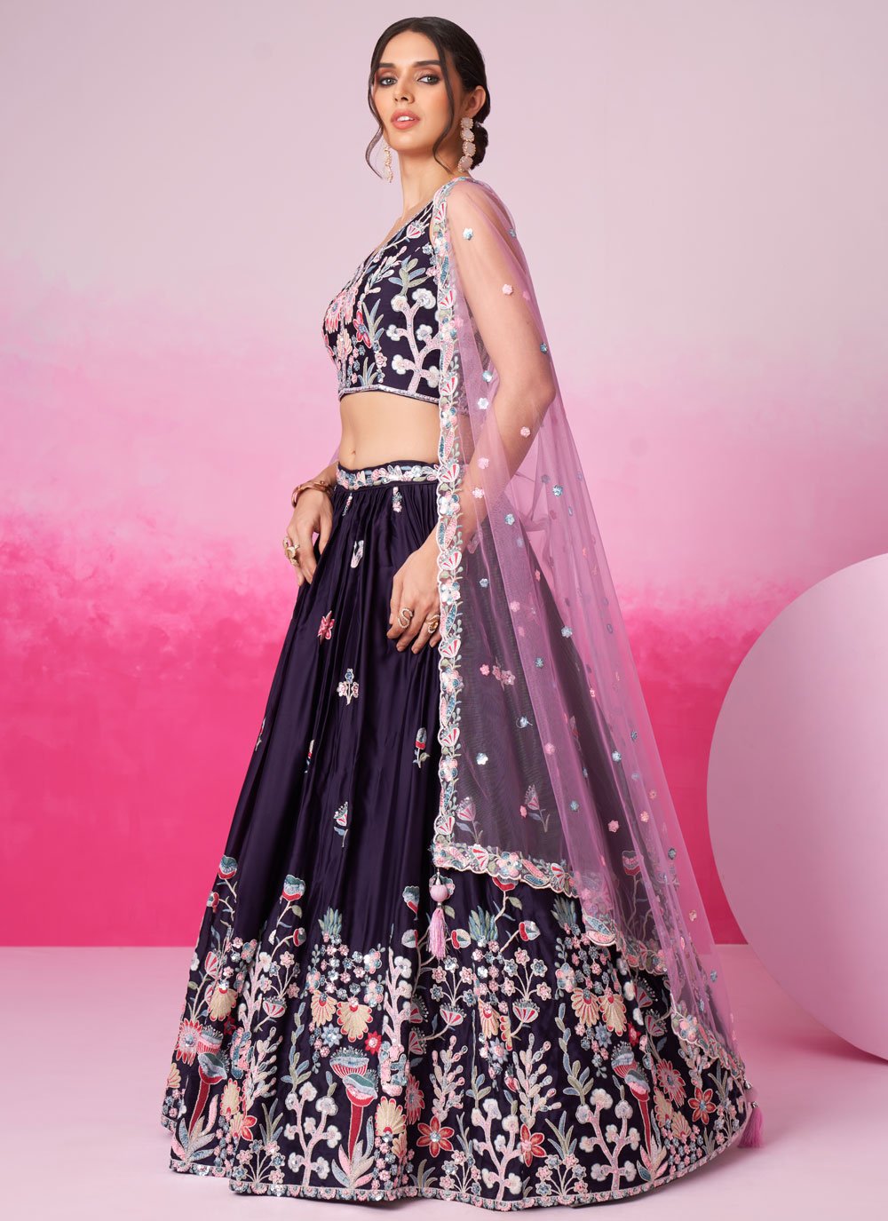 Purple Satin Heavy Embroidered Lehenga with Sequins for Weddings