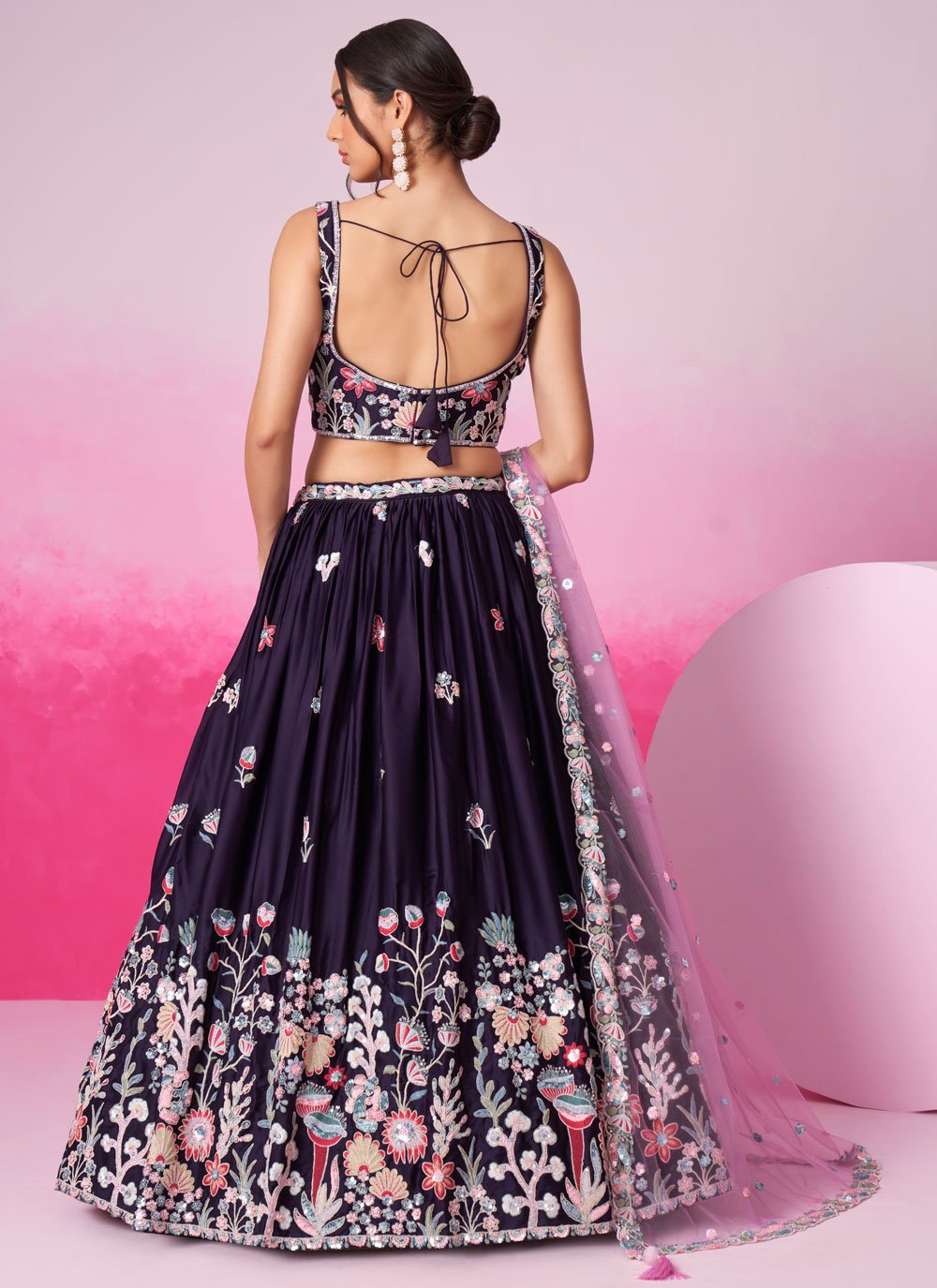 Purple Satin Heavy Embroidered Lehenga with Sequins for Weddings