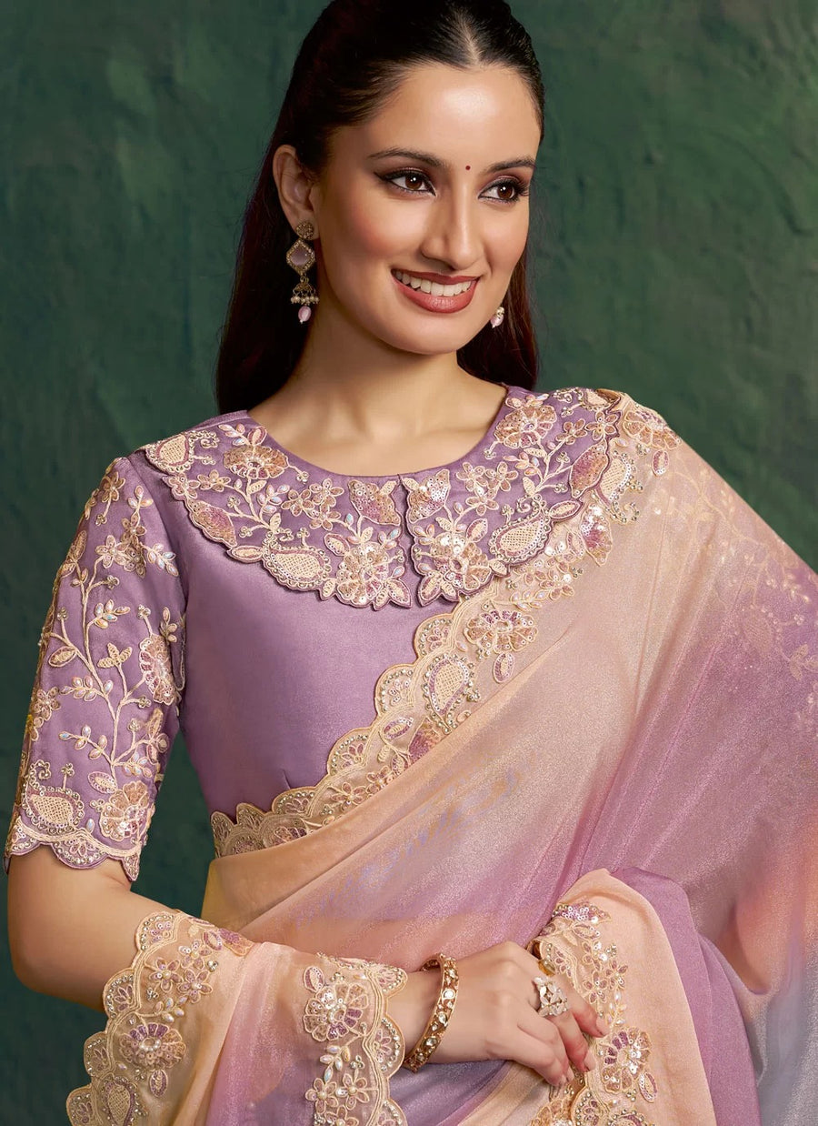 purple shaded designer indian saree in moss georgette with scallop embroidery
