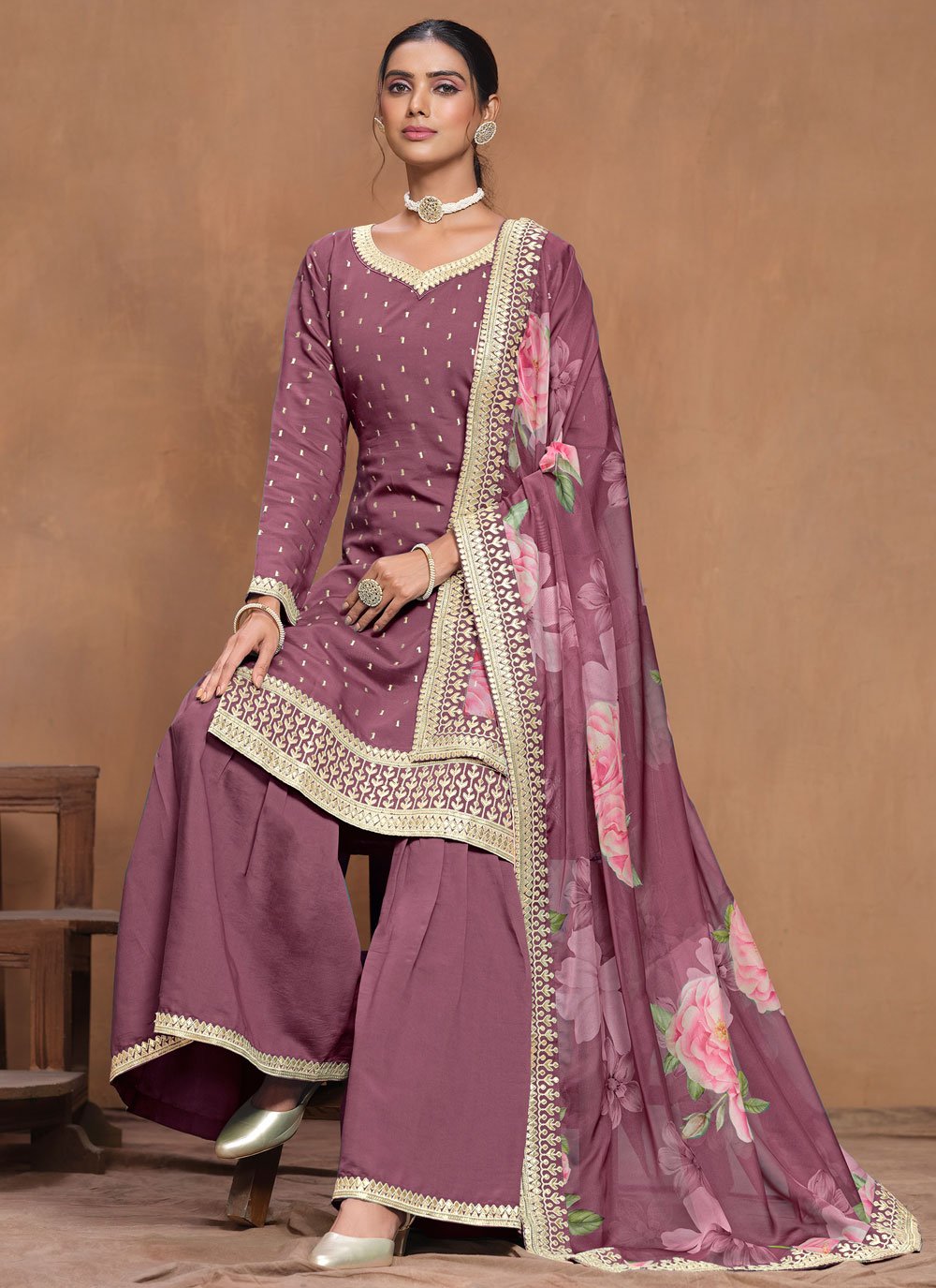 Purple Silk Gota patti Work Sharara Suit