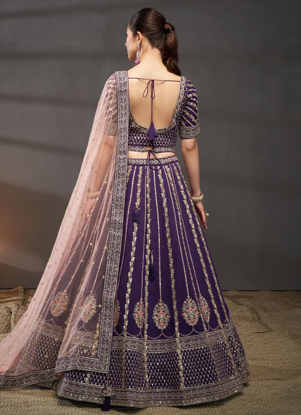 Purple Silk Moti Zarkan And Sequins Embroidered Lehenga For Sister Wedding 