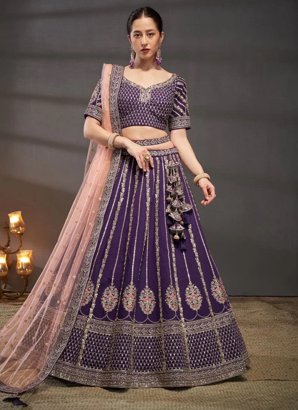 Purple Silk Moti Zarkan And Sequins Embroidered Lehenga For Sister Wedding 