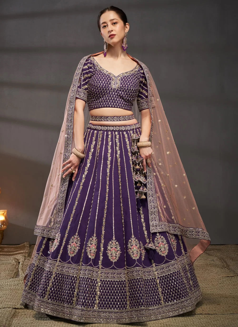 Purple Silk Moti Zarkan And Sequins Embroidered Lehenga For Sister Wedding 