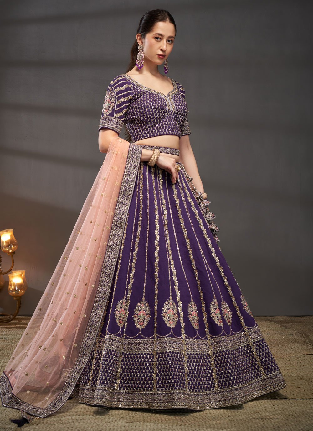 Purple Silk Moti Zarkan And Sequins Embroidered Lehenga For Sister Wedding 