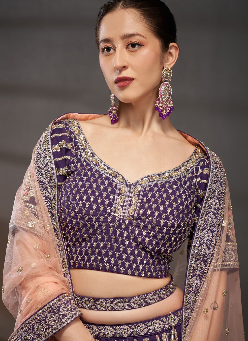 Purple Silk Moti Zarkan And Sequins Embroidered Lehenga For Sister Wedding 