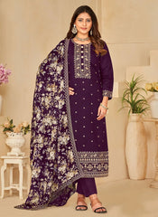 Image showcasing a Purple Silk Sequins Embroidered Pakistani Pant Suit - featuring intricate embroidery and sequin work on luxurious silk fabric, a stylish ensemble perfect for special occasions