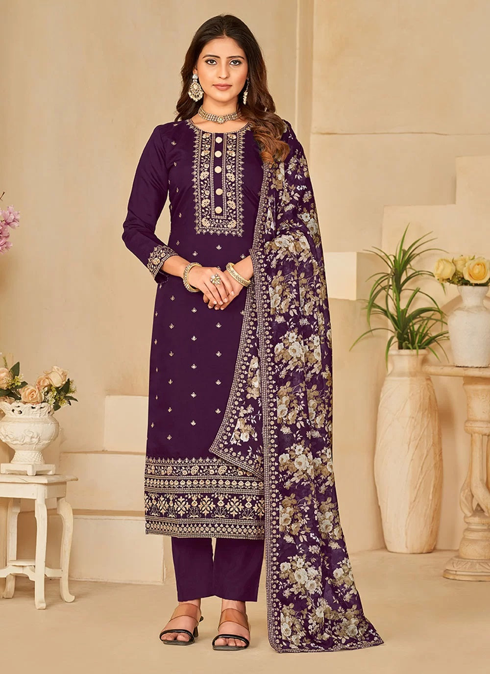 Image showcasing a Purple Silk Sequins Embroidered Pakistani Pant Suit - featuring intricate embroidery and sequin work on luxurious silk fabric, a stylish ensemble perfect for special occasions