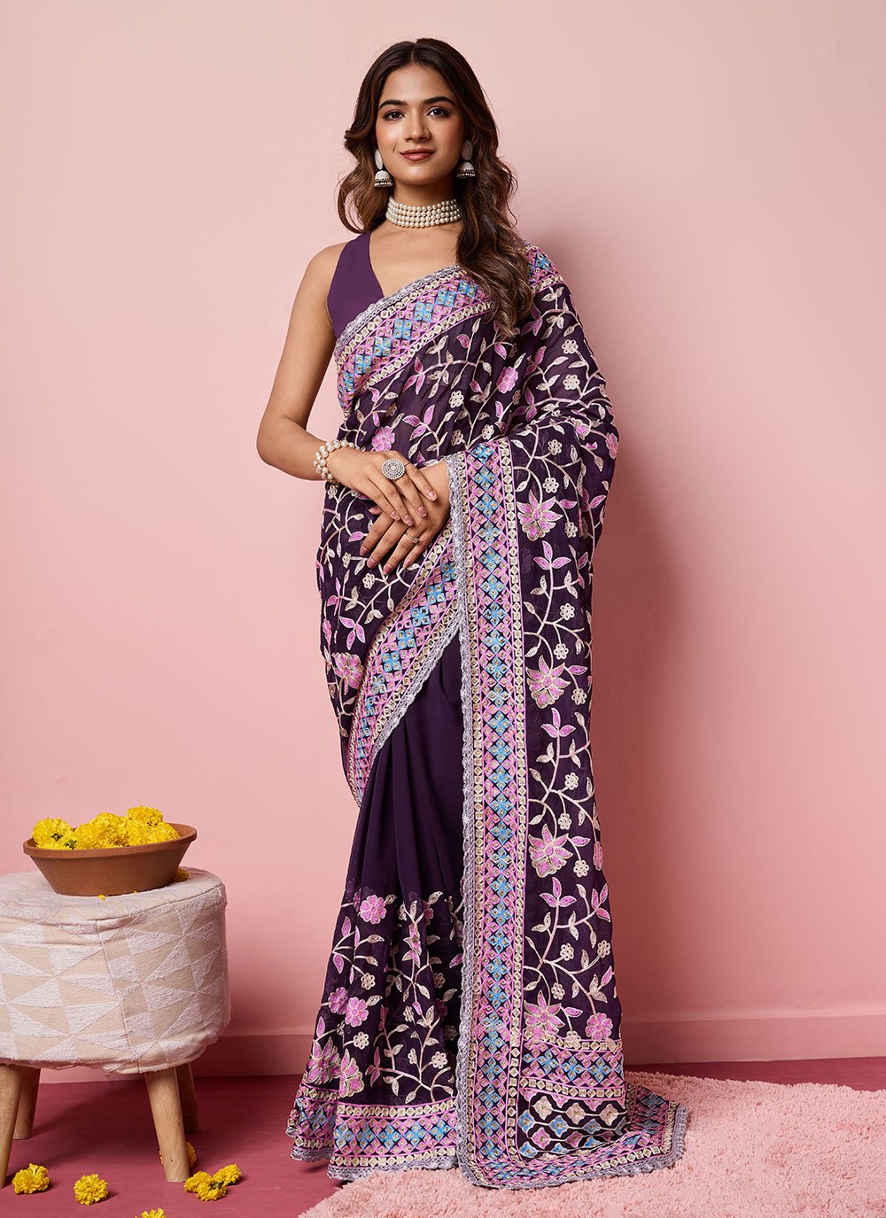 Purple Soft Georegtte Trendy Saree With Kashmiri Embroidery and fancy border lace Work