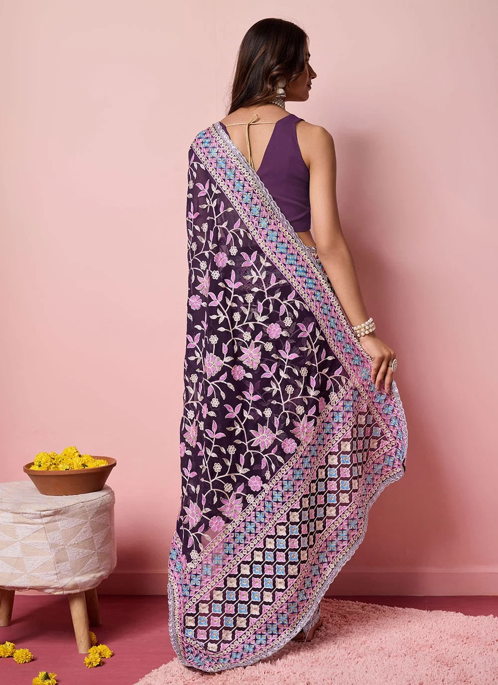 Purple Soft Georegtte Trendy Saree With Kashmiri Embroidery and fancy border lace Work