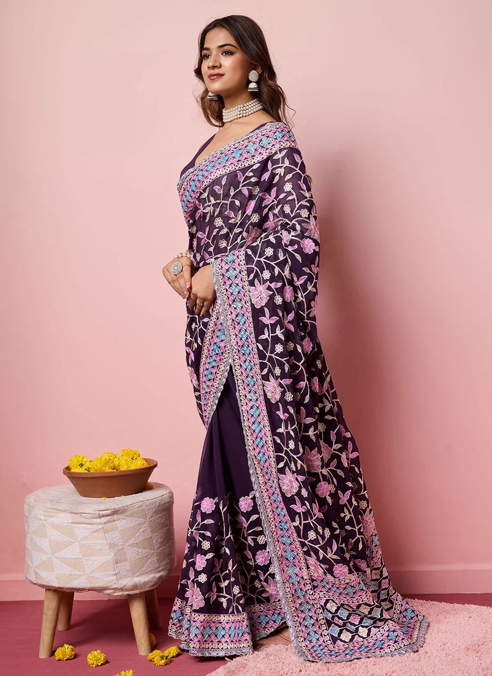 Purple Soft Georegtte Trendy Saree With Kashmiri Embroidery and fancy border lace Work