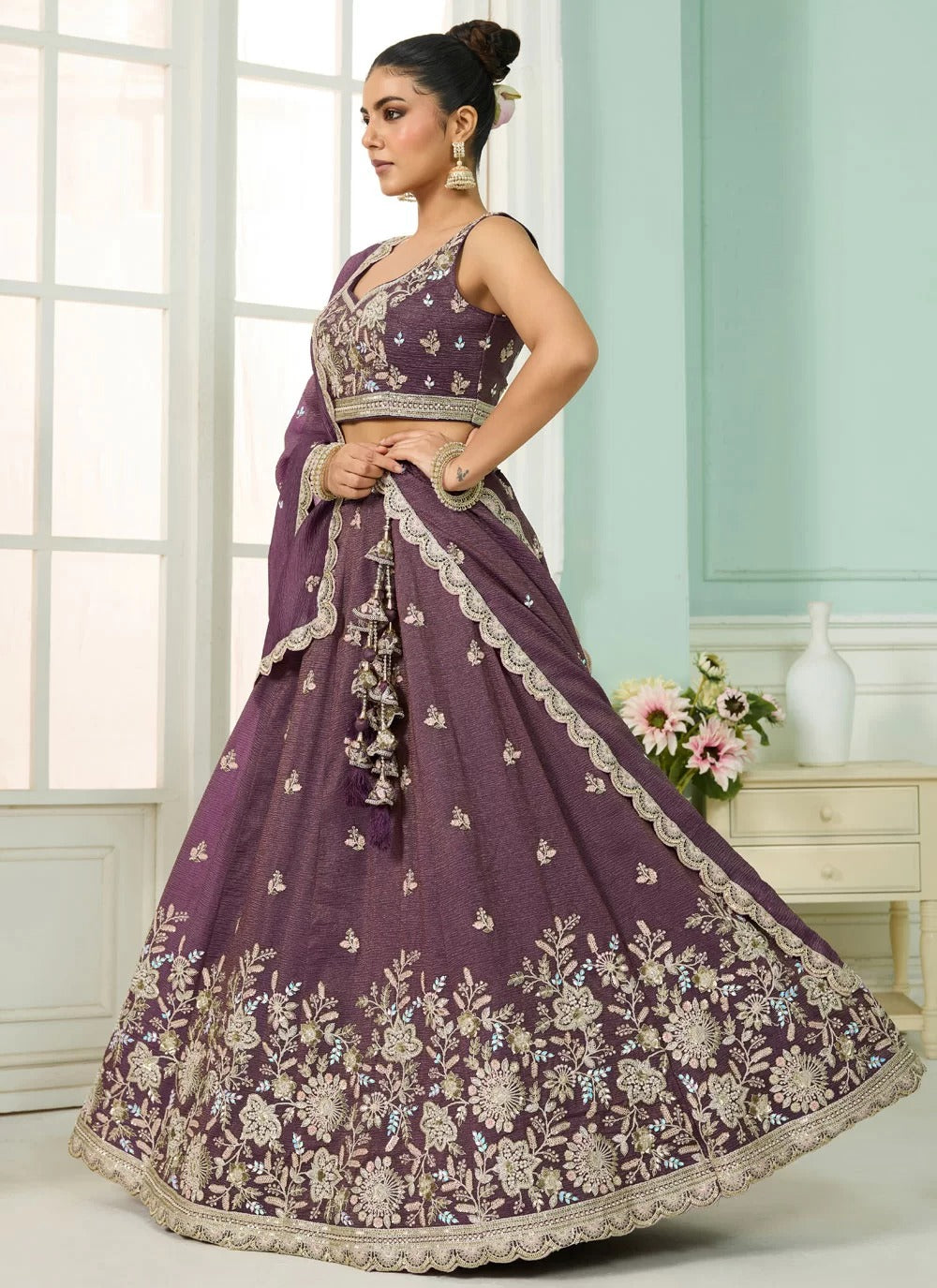 Sequin & stone purple lehenga for bridesmaids