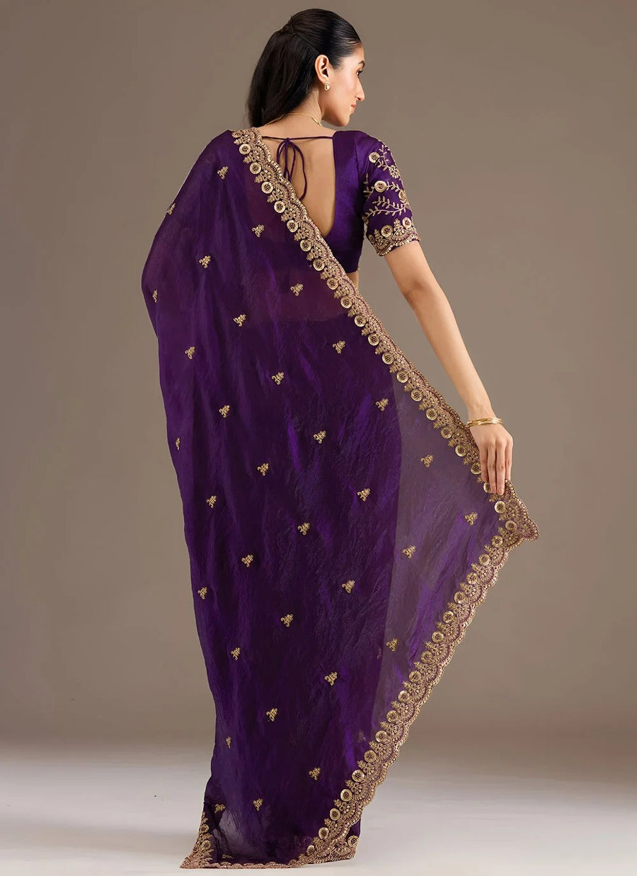 Purple Wedding Guest Saree in Tissue Fabric