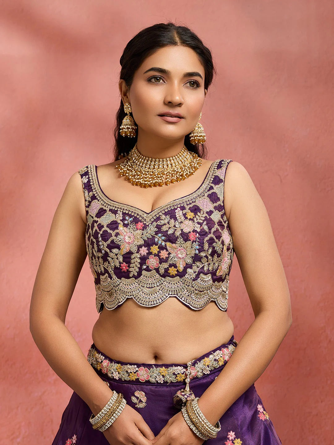 Royal purple tissue bridesmaid lehenga with sequins embroidery