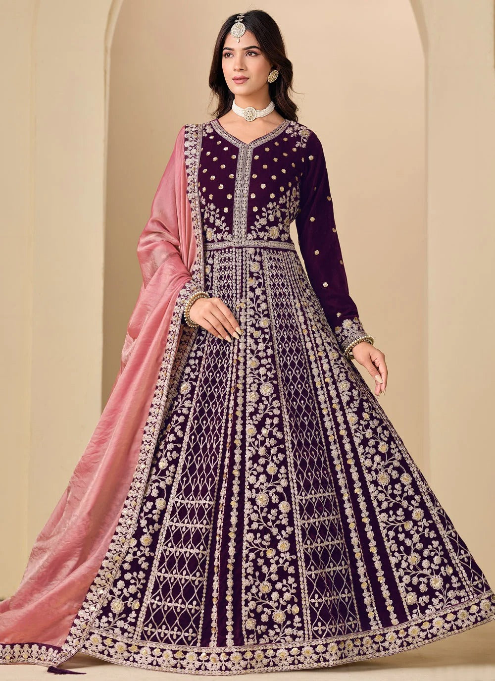 Designer Purple Modest Wear Anarkali Gown for Festive Occasions