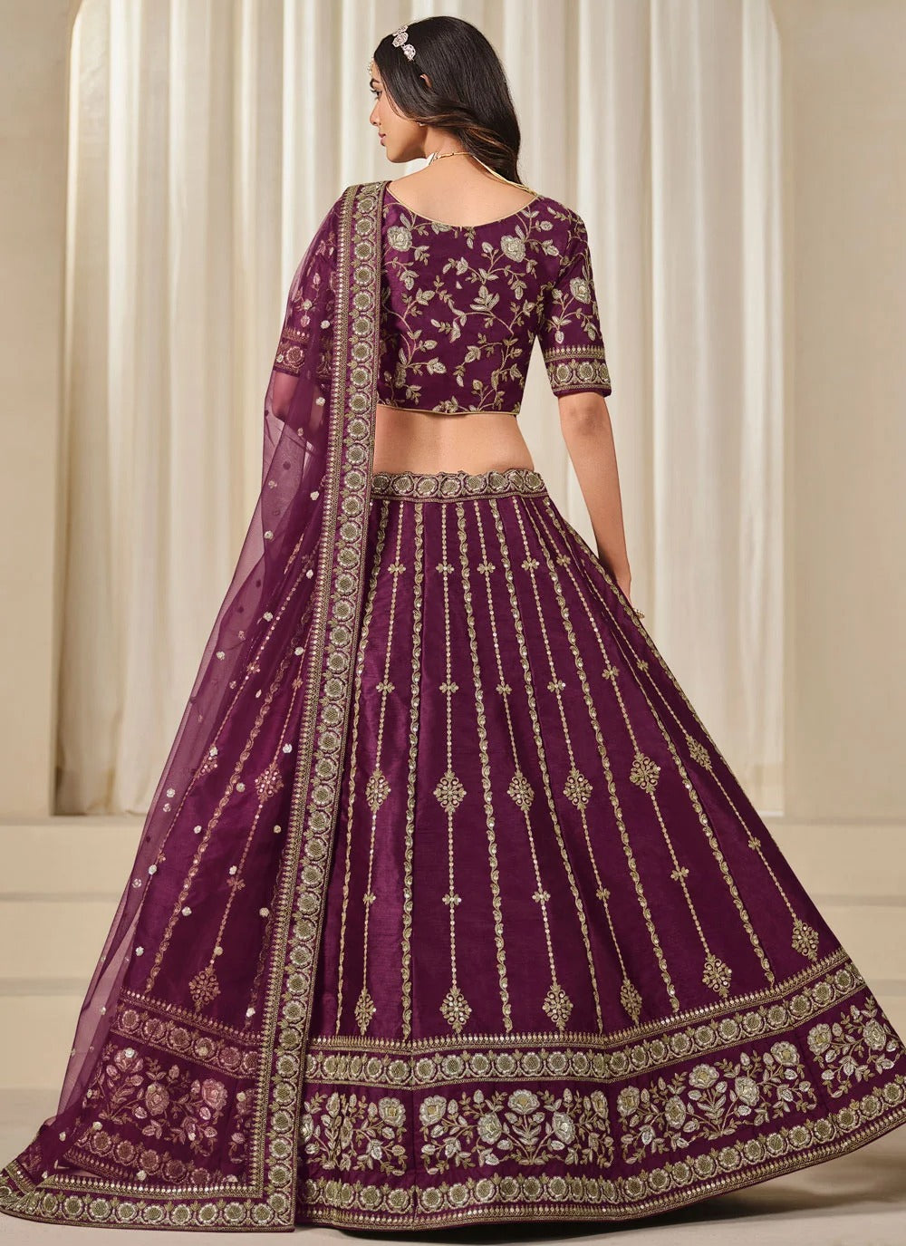 Purple Art Silk Bridesmaid Lehenga with Embroidered Net Dupatta