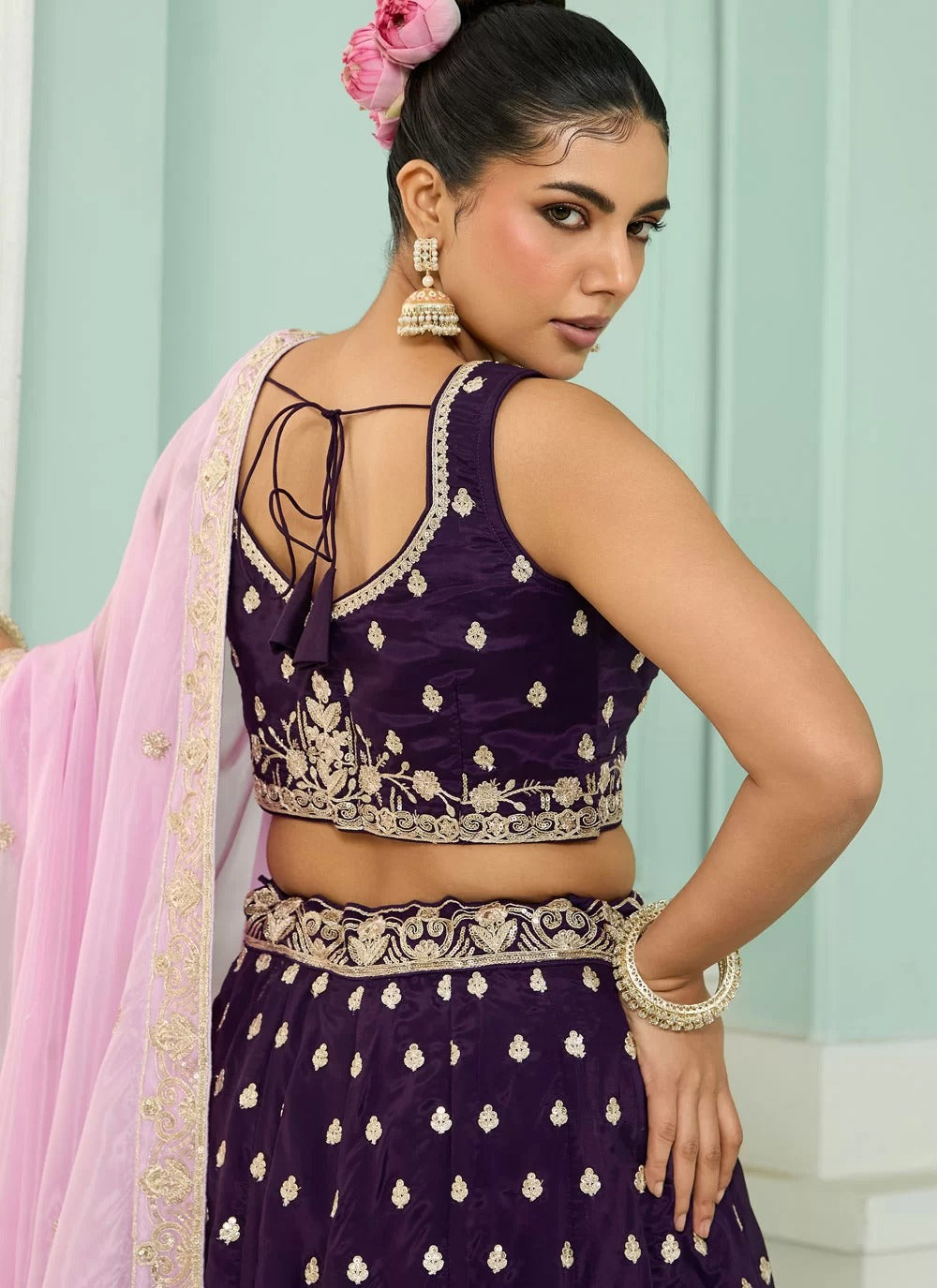 Purple Embroidered Wedding Lehenga Choli in Organza with Lavender Dupatta