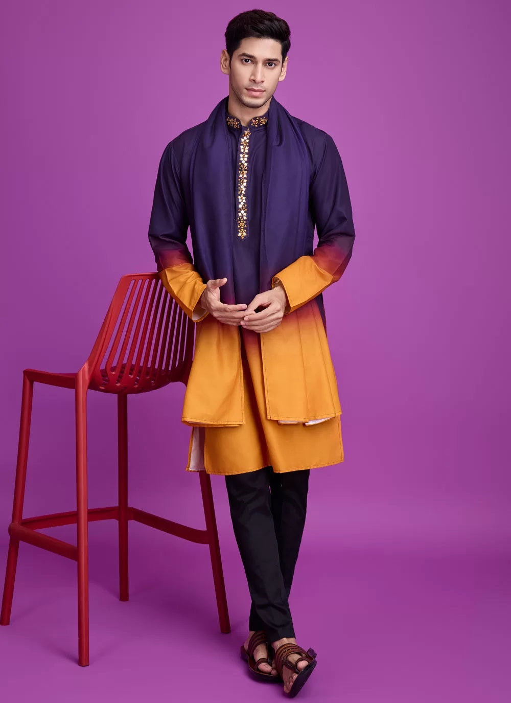 Purple & Yellow Rayon Mens Kurta For Dandiya Night Party