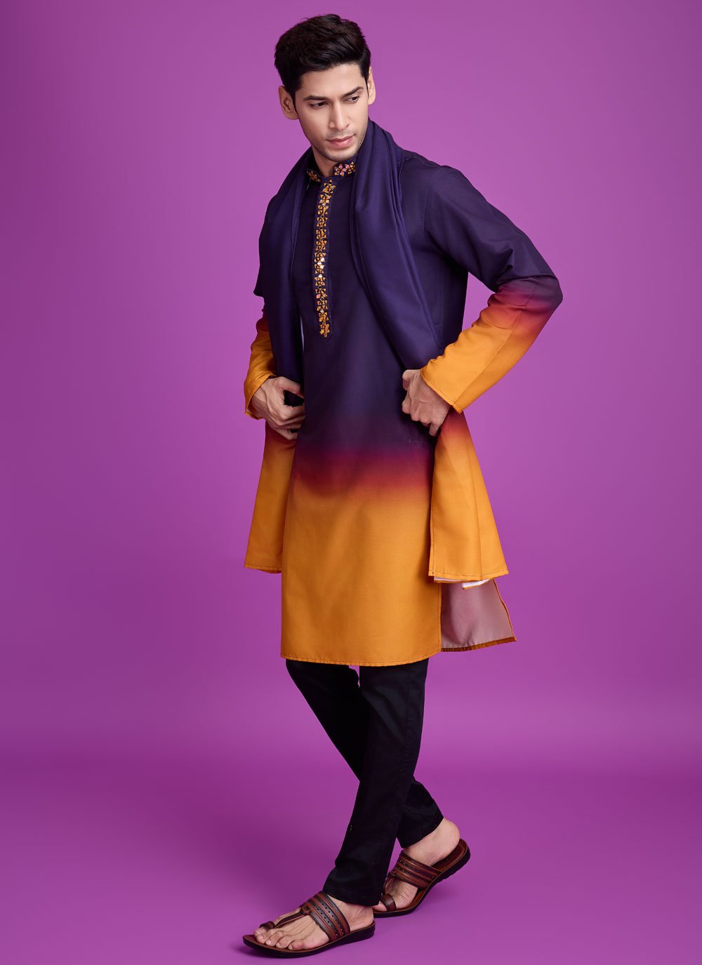 Purple & Yellow Rayon Mens Kurta For Dandiya Night Party