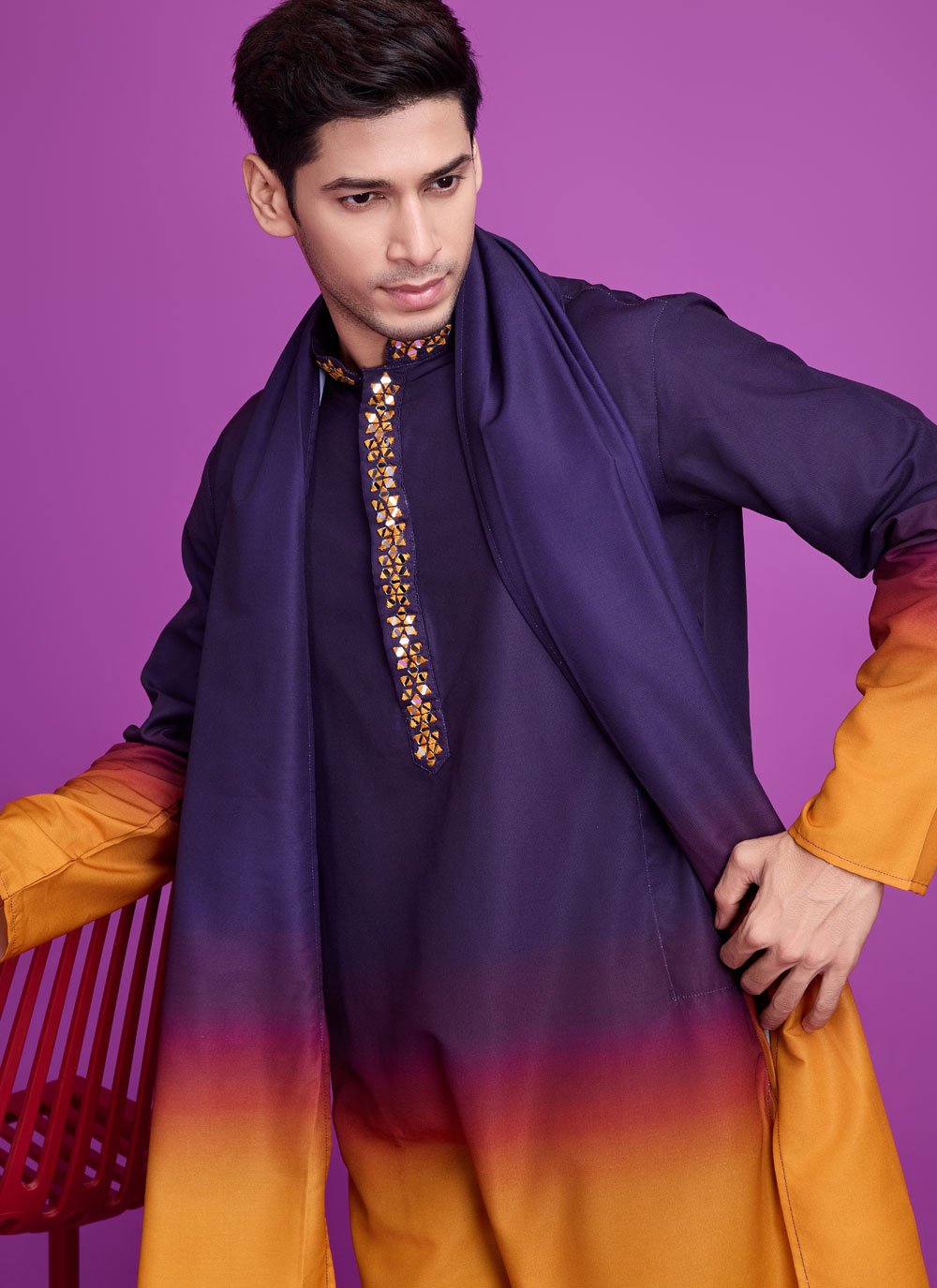 Purple & Yellow Rayon Mens Kurta For Dandiya Night Party