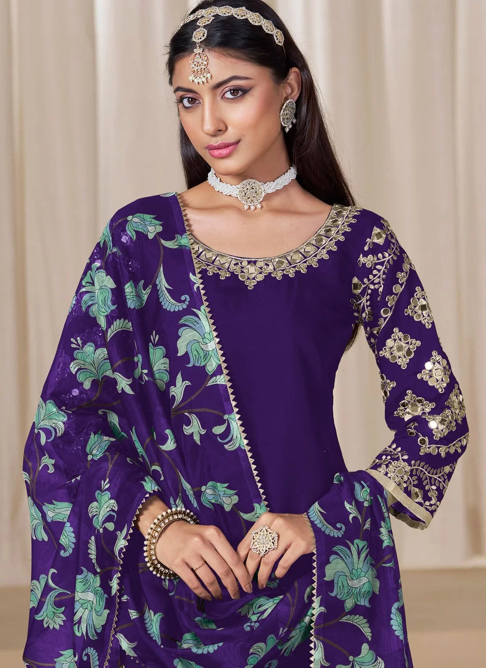 Elegant Purple Dhoti Style Punjabi Suit in Chanderi Silk with Glass Work