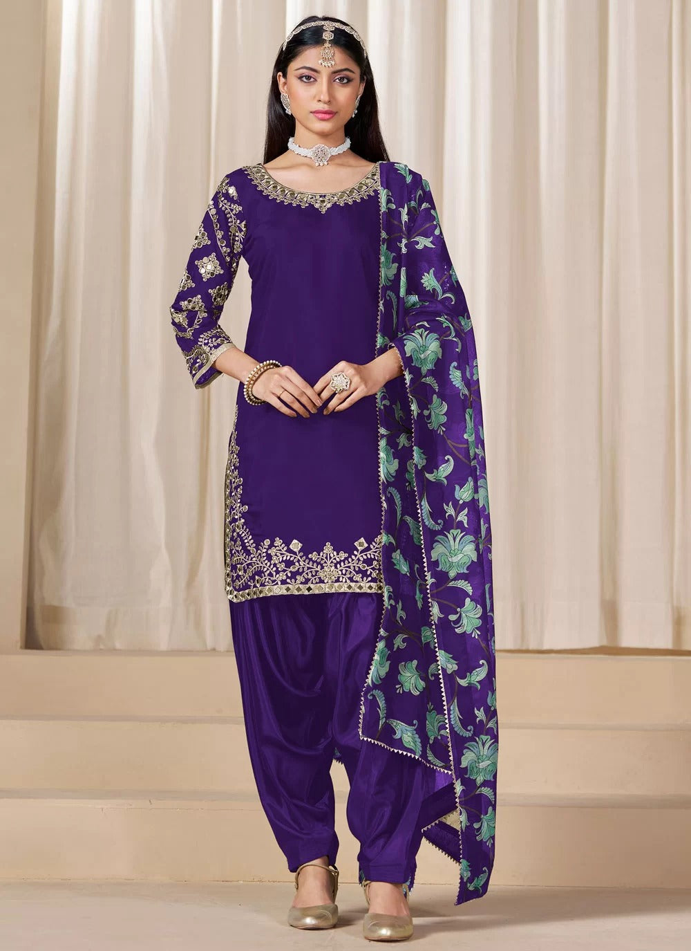 Elegant Purple Dhoti Style Punjabi Suit in Chanderi Silk with Glass Work