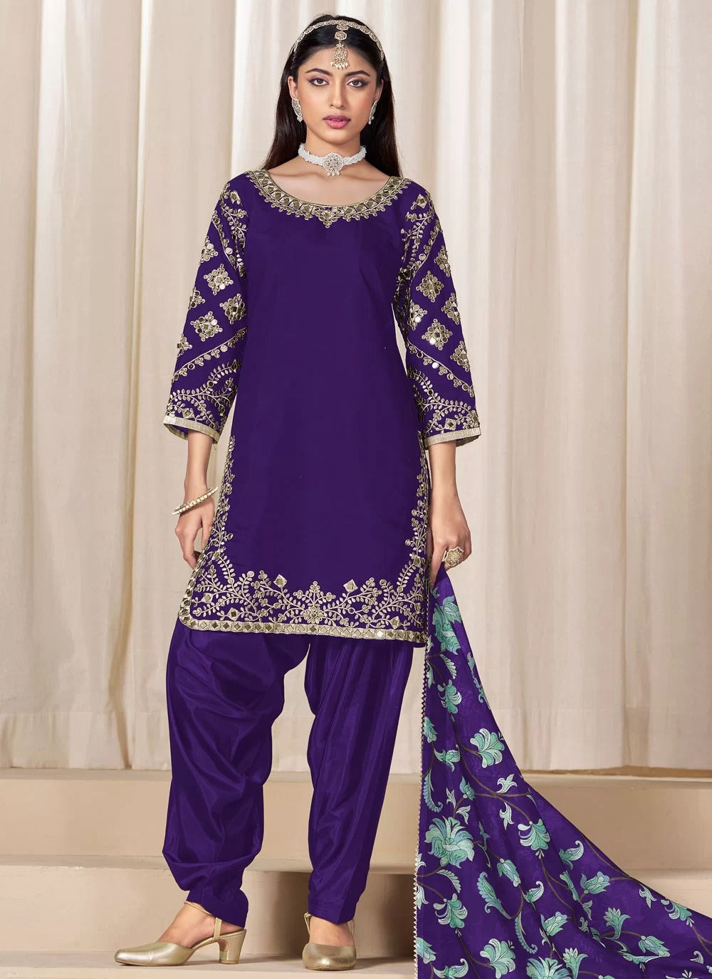 Elegant Purple Dhoti Style Punjabi Suit in Chanderi Silk with Glass Work