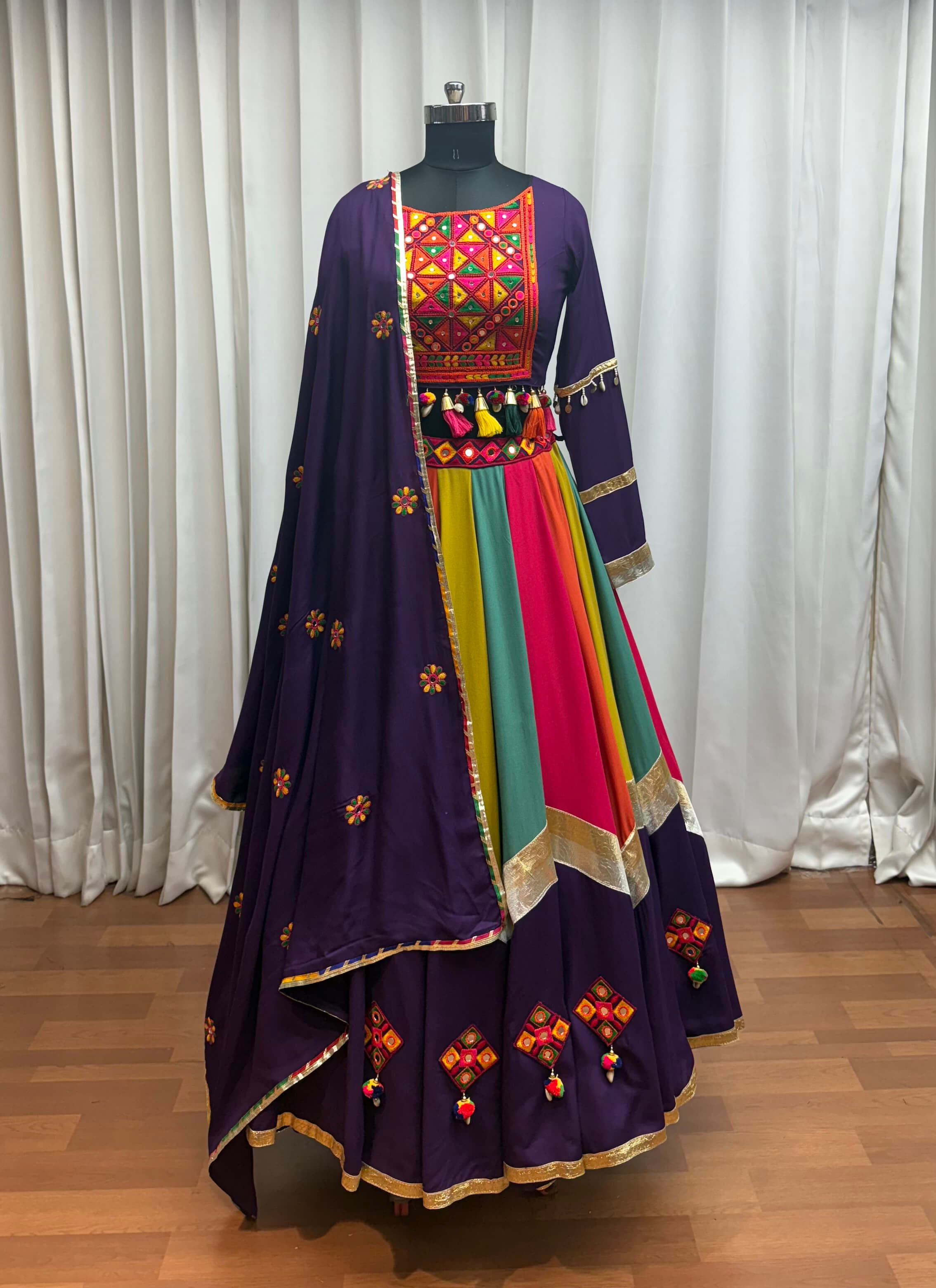 Viscose cotton purple lehenga choli embroidered with mirror detailing