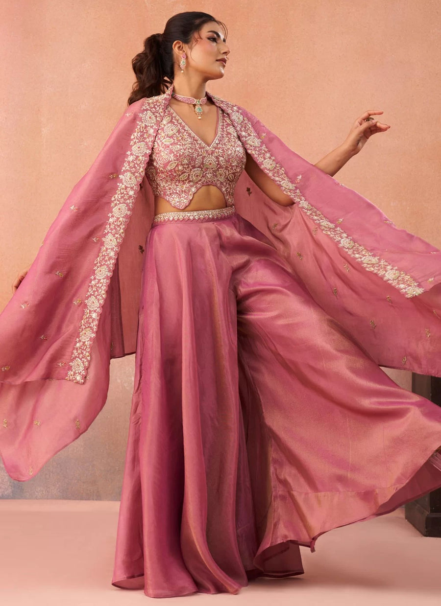 Pyaji Pink Crepe Indo Western Set with Beads Embroidered Flared Cape