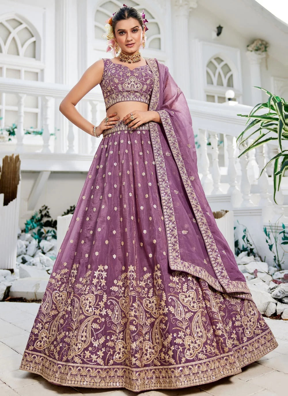 Lavender Golden Tissue Lehenga | Sequins & Embroidery – Best Lehenga for Wedding