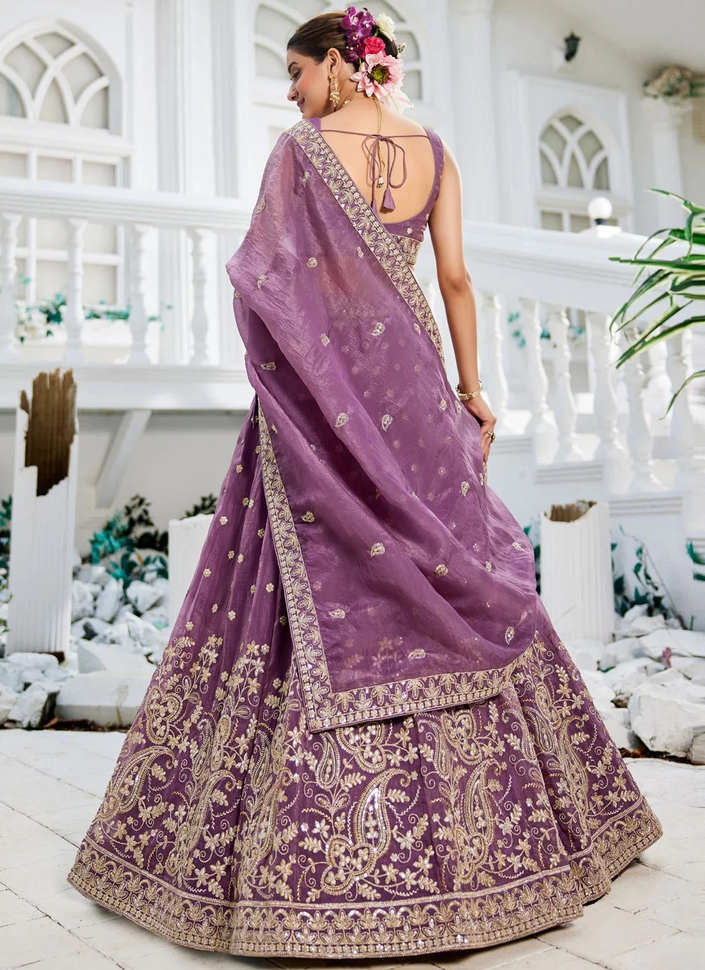 Radiant Lavender Golden Tissue Lehenga with Sequins & Embroidery