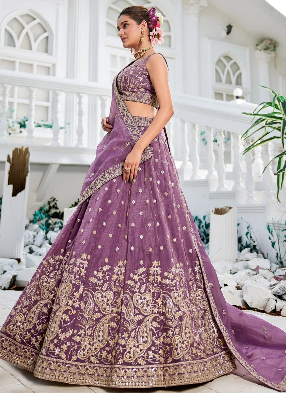Lavender golden tissue lehenga with sequins, coding and thread embroidery, best lehenga for wedding