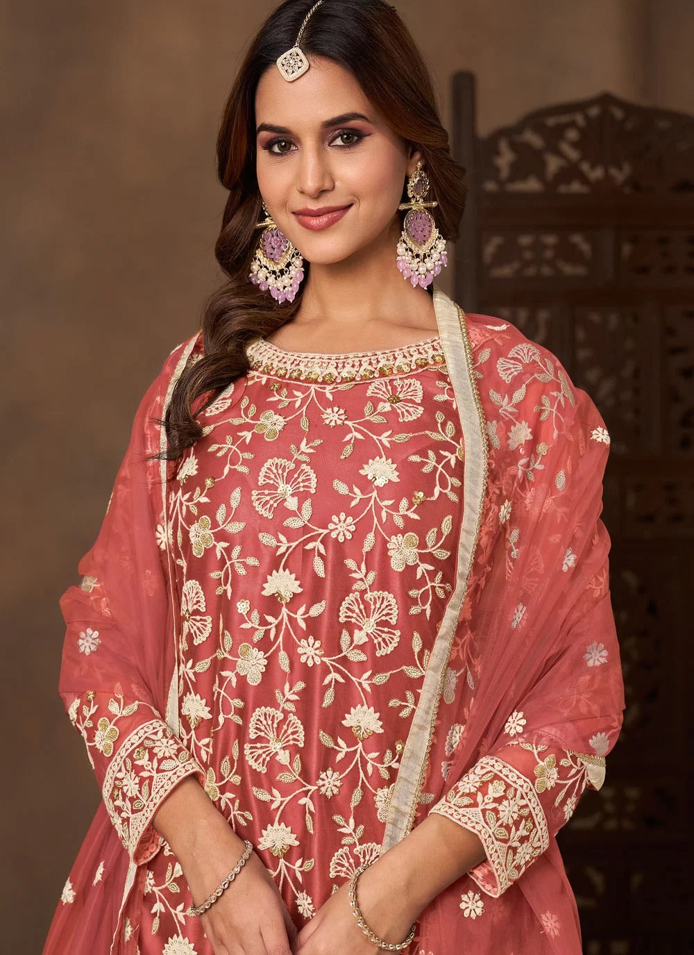 Peach Designer Palazzo Suit | Net Embroidered Party Wear Salwar Suit
