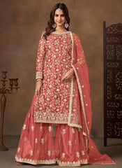 Woman wearing a traditional pink embroidered outfit with a brown background