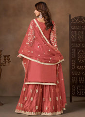 Peach net embroidered designer palazzo salwar suit with satin inner and matching dupatta
