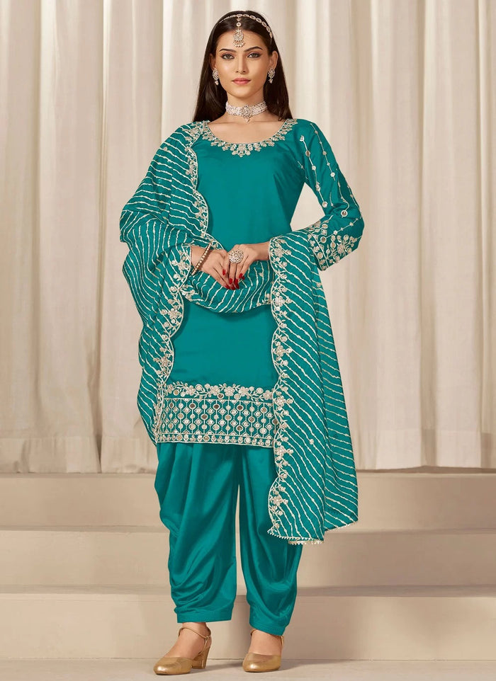 Radiant Rama Chanderi Silk Punjabi Suit with Mirror Embroidery