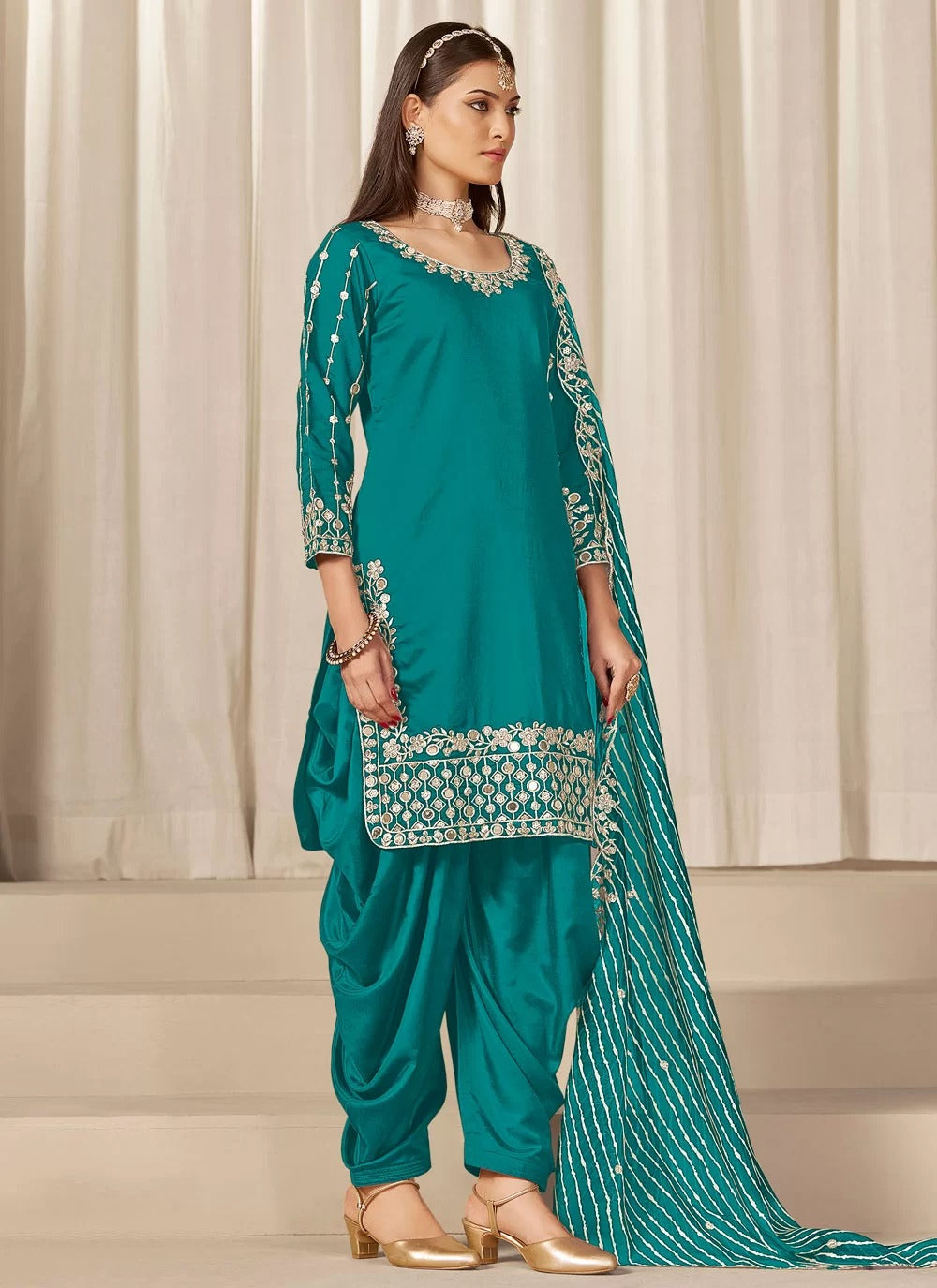 Rama Punjabi Suit Set for Women | Mirror Work Chanderi Silk Suit