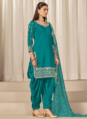 Rama Punjabi Suit Set for Women | Mirror Work Chanderi Silk Suit